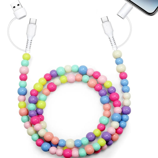4 in 1 Beaded Charging Detachable Cords Stylish Shine Fit for All Device USB-A,USB-C & Lightening for Iphone 15/16/17 Samsung Type-C Cellphone